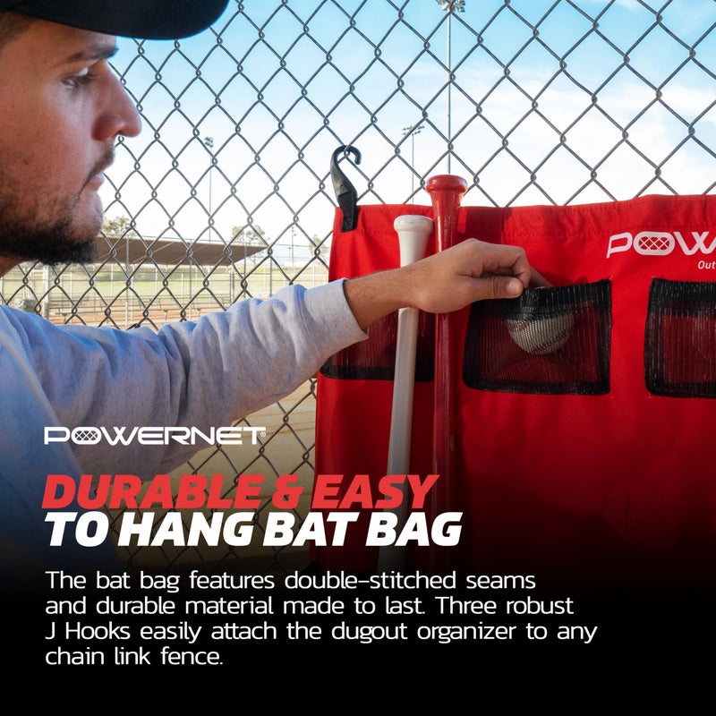 PowerNet Hanging Bat Bag Caddy for Baseball and Softball Teams, Team Bag Dugout Organizer, Holds 12 Hanging Bats on Fence (Red) - Image 5